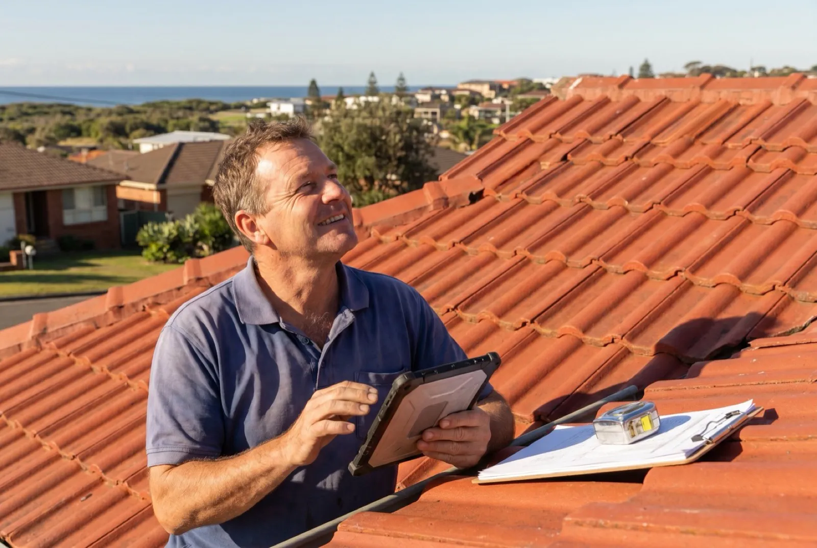 A solar installer on a Newcastle tile roof checking orientation during a site assessment