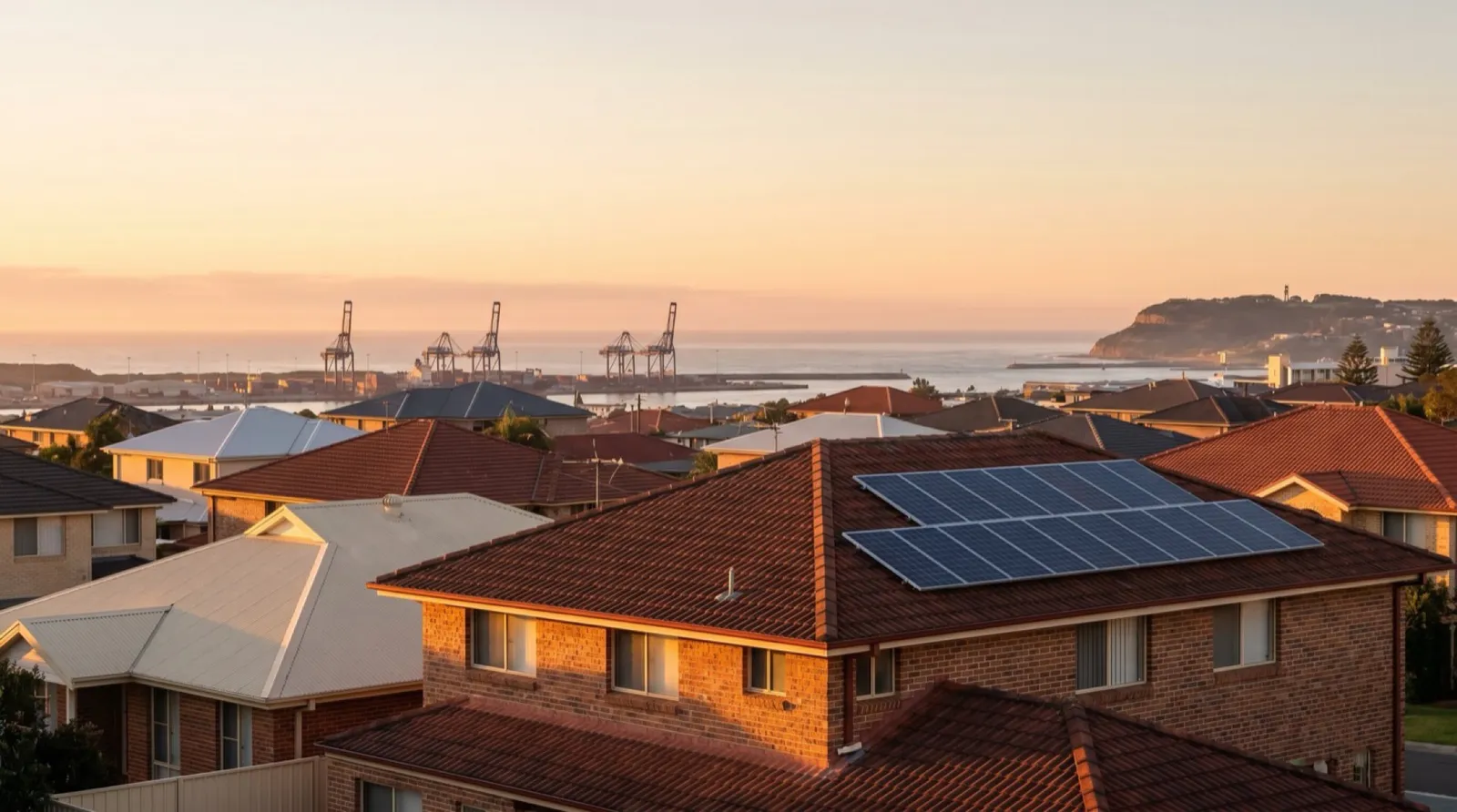 Solar panels on a Newcastle rooftop at golden hour, harbour cranes and the Pacific in the distance