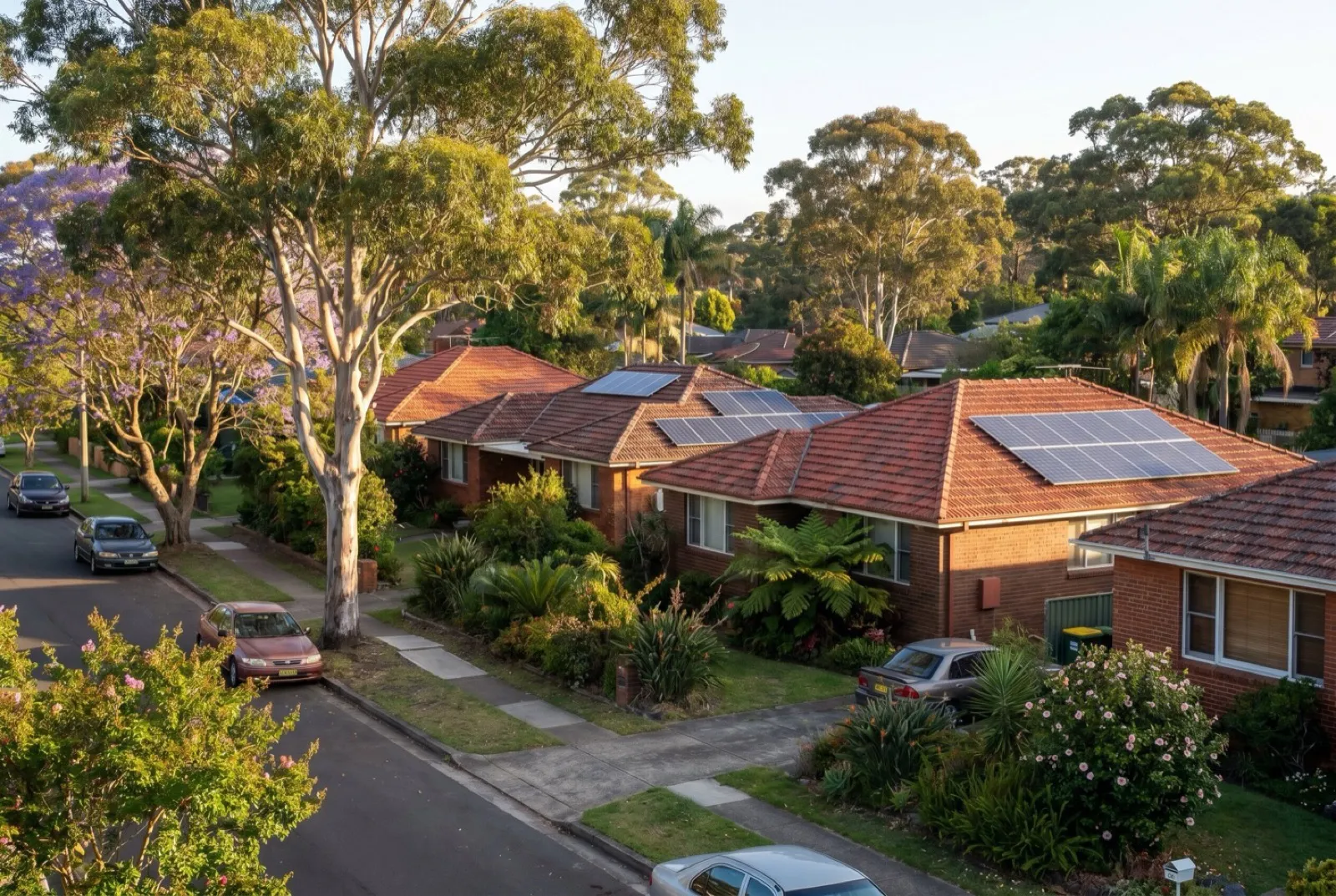Leafy established street in New Lambton with tile roofs among mature trees